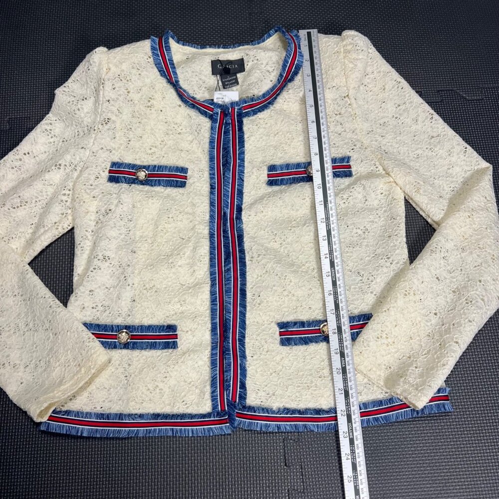 Gracia Womens Ivory Trim Lace Jacket L With Blue & Red Accent Trim - Picture 3 of 5